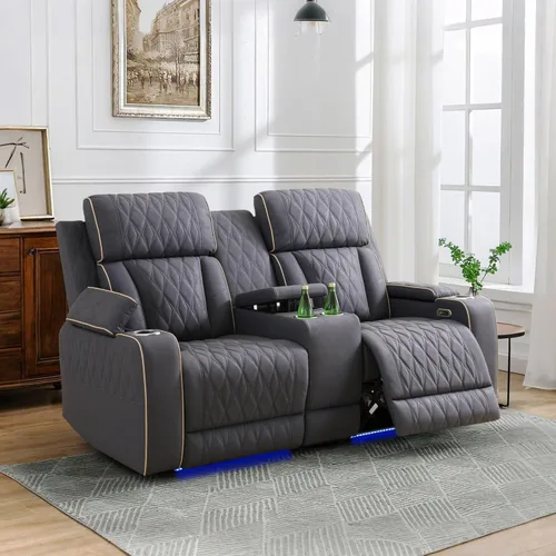 Miniatura 9 de Juego de sillones reclinables eléctricos con luces LED, juego reclinable de cuero acolchado con aire con puerto USB/almacenamiento/portavasos/luz