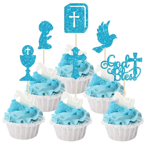Miniatura 12 de Gyufise 24 piezas de decoración de cupcakes con purpurina azul que Dios bendiga y cruz, decoración de pastel para baby shower, bautismo, fiesta