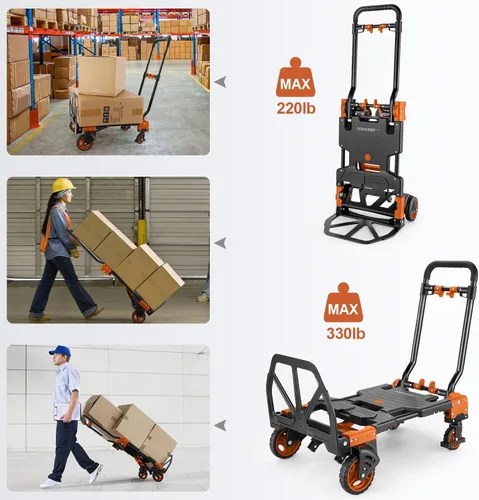 Miniatura 6 de Carro de mano plegable 2 en 1, carrito de mano plegable de 330 libras, carrito de mano plegable con mango retráctil y 4 ruedas de goma, carrito