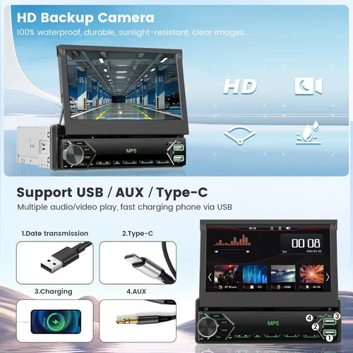 Miniatura 5 de 【Radio AM estable】Hikity - Estéreo de automóvil de un solo din de 7'', Carplay Android Auto, radio de automóvil con pantalla táctil abatible de 7