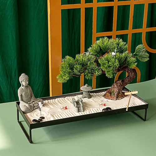 Miniatura 2 de BangBangDa Decoración japonesa de meditación, decoración de bonsái para oficina en casa para escritorio de mesa, decoración de mesa de arena de roca