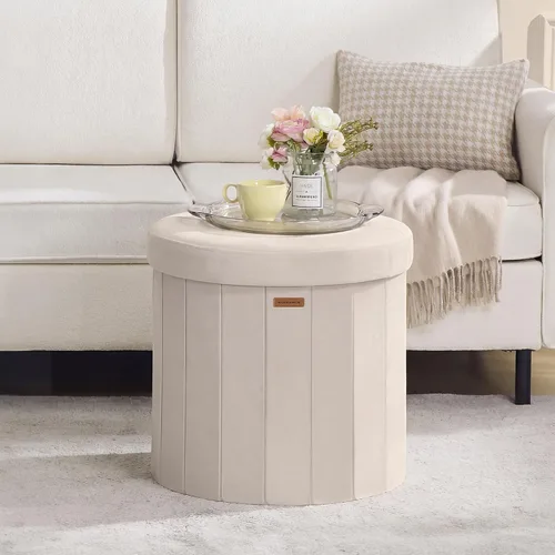 SONGMICS Colección Mazie - Otomana de almacenamiento redonda, taburete reposapiés plegable con tapa extraíble, fácil montaje, taburete de terciopelo
