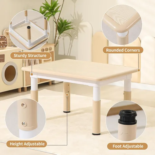 Miniatura 5 de Hulaibit Mesa y 2 sillas para niños pequeños, juego de mesa y sillas para niños de altura ajustable, 31.5 pulgadas de largo x 23.6 pulgadas de Grano