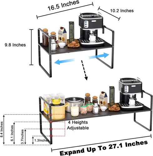 Miniatura 2 de Paquete de 2 organizadores de estantes de gabinete de cocina expandibles, estantes de almacenamiento de despensa de metal apilables, estante de Negro