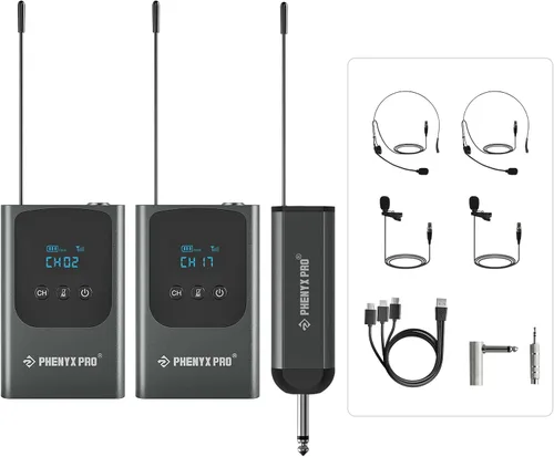 Phenyx Pro Sistema de micrófono inalámbrico digital dual, mini receptor portátil, frecuencias UHF 2x15, 2 transmisores de bolsillo, micrófono de