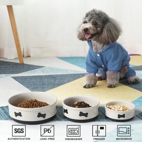 Miniatura 2 de Sweejar Cuencos de cerámica para perros con patrón de huesos, plato de comida para perros pequeños, cuenco de porcelana para agua de 16 onzas Blanco