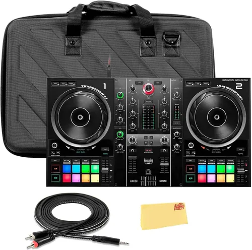 Hercules DJControl Inpulse 500 MK2 | Paquete de controlador DJ de 2 canales con estuche, cable de distribución TRS a RCA y paño de pulido Austin