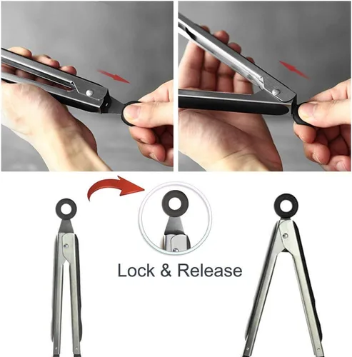 Miniatura 5 de Pinzas para servir de silicona de acero inoxidable de 12 pulgadas con mango de bloqueo (negro)