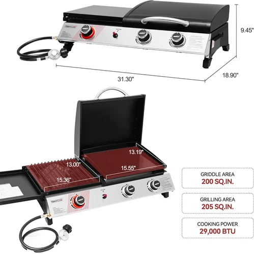 Miniatura 3 de Royal Gourmet PD1305H - Combo de parrilla y plancha de gas propano de 3 quemadores con tapa, combo de parrilla 3 en 1 con salida de 29,000 BTU
