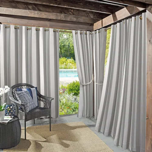 Miniatura 14 de Par de paneles de cortina con ojales Sun Zero Valencia estilo cabaña a rayas para interior/exterior con protección UV y eficiencia energética