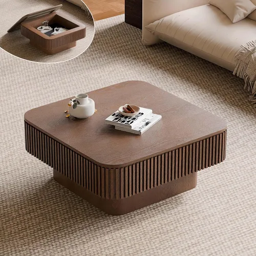 Miniatura 10 de Mesa de café cuadrada pequeña con almacenamiento, mesa de café moderna de madera con chapa de madera maciza, mesa central estriada