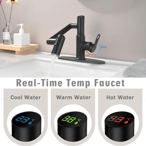 Miniatura 2 de Grifo de baño, grifos giratorios con pantalla de temperatura en grados Celsius (sin baterías), 3 modos de salida de agua, grifo de un solo orificio