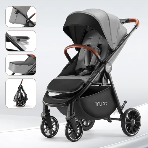 Miniatura 9 de Tinyiota Cochecito para bebés, cochecitos para niños pequeños con toldo grande UPF 50+, cochecito de bebé de lujo con mango de cuero y asiento Gris