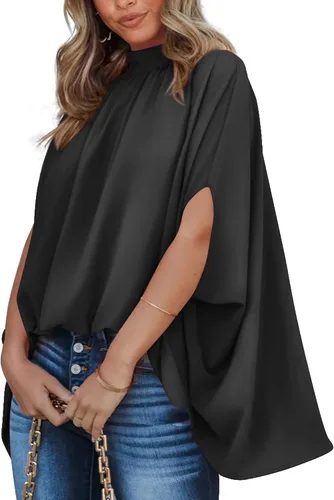 Miniatura 135 de BTFBM Blusas de verano para mujer, cuello alto falso, manga murciélago, holgadas, dobladillo alto y bajo, blusas informales de gran