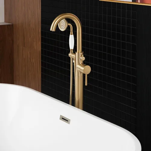 Miniatura 11 de WOODBRIDGE Grifo de llenado de bañera independiente contemporáneo de una sola manija con ducha de mano en acabado dorado cepillado, F0007-BGVT