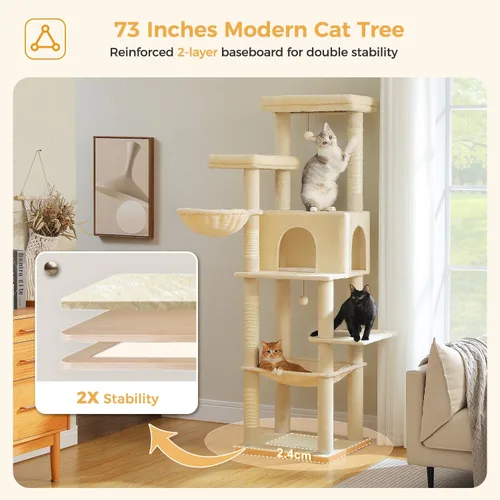 Miniatura 3 de PAWZ Road Árbol Grande para Gatos, Torre para Gatos de 73 Pulgadas de Altura con 1 Gran Asiento Acolchado, 2 Hamacas Espaciosas, 8 Postes Largos