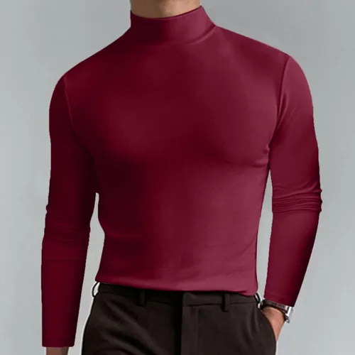 Miniatura 4 de Mens Flannel Shirts Long Sleeve Male Autumn and Winter Solid Color T Shirt Top Turtleneck Top Petite Mock