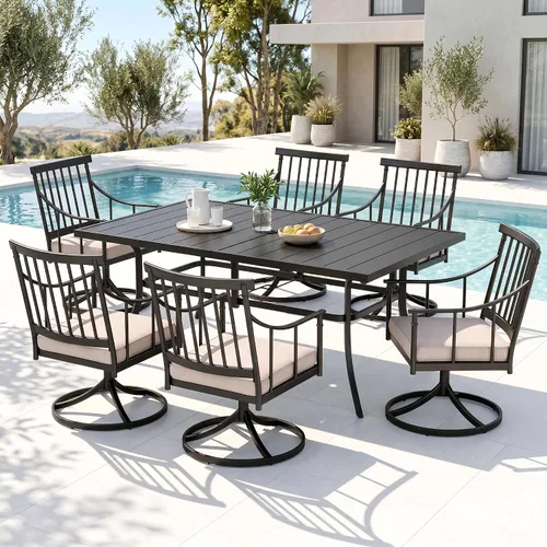 Miniatura 24 de PHI VILLA Juego de comedor al aire libre de 7 piezas con cojín, mesa de comedor rectangular de metal de 60 pulgadas con agujero para sombrilla y 6