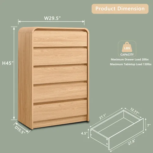 Miniatura 2 de Aitjunz Cómoda moderna de 5 cajones para dormitorio, 114 cm de altura con diseño de perfil curvo, cómoda vertical de madera estilo mediados de siglo