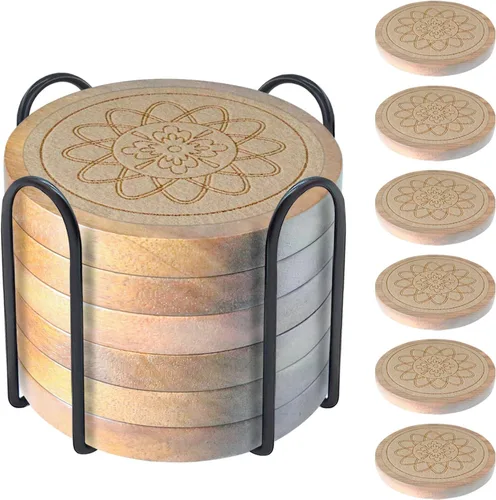 Miniatura 20 de Posavasos de madera para bebidas, Minacun conjuntos de posavasos absorbentes de 5, posavasos para bebidas para protección de mesa de café