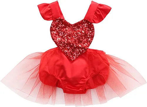 Muasaaluxi Mameluco de San Valentín para niñas recién nacidas, vestido de tutú con manga volada, corazón y lentejuelas, traje de verano 0-3 años
