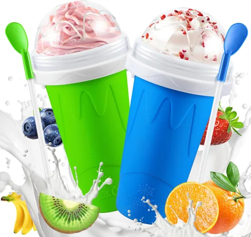 Miniatura 7 de Paquete de 2 vasos mágicos para hacer granizados congelados, vasos portátiles para hacer batidos de jugo, yogur, helado, reutilizable, para Azul+Rosa