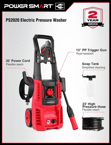 Miniatura 5 de Lavadora eléctrica a presión PowerSmart, 1850 PSI 1.7 GPM, lavadora de potencia portátil con boquillas ajustables, cañón de espuma, 58 pies de Rojo