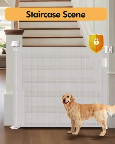 Miniatura 4 de Puerta retráctil para bebés para escaleras y puertas, 55 pulgadas de ancho x 33.6 pulgadas de alto, puerta de malla para perros de fácil instalación