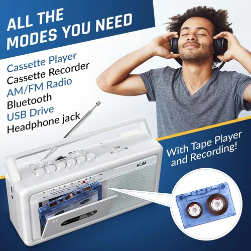 Miniatura 3 de KLIM Reproductor de casetes portátil y grabadora de cinta, Boombox con radio AM/FM, USB, Bluetooth, altavoz y conector para auriculares, funciona