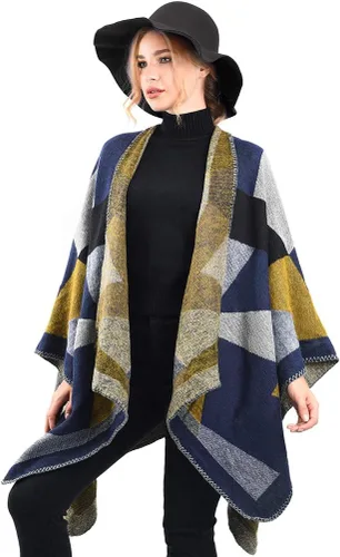Miniatura 5 de OOPOR Chal cálido de invierno para mujer, capa de lana de punto para otoño, ponchos a cuadros, suéter, bufanda de forro polar