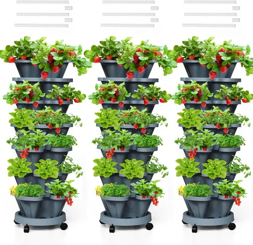 Miniatura 25 de Macetas verticales de fresa, paquete de 2 unidades, torre apilable de 5 niveles con poste de soporte, macetas apilables para hierbas y verduras