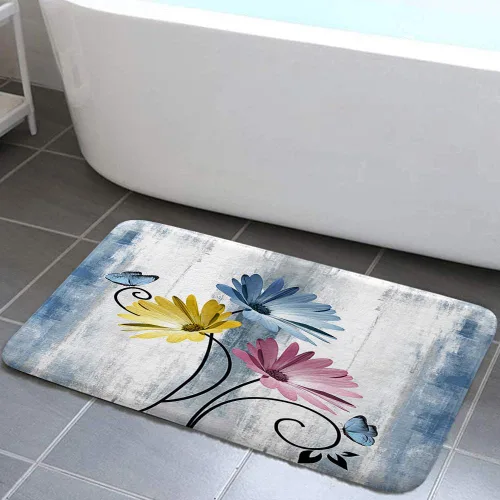 Miniatura 15 de Alfombra de Baño Rústica de Granja, Alfombra de Baño de Madera de Campo con Flores de Margaritas Moradas, Mariposas y Estilo Campestre, Alfombra