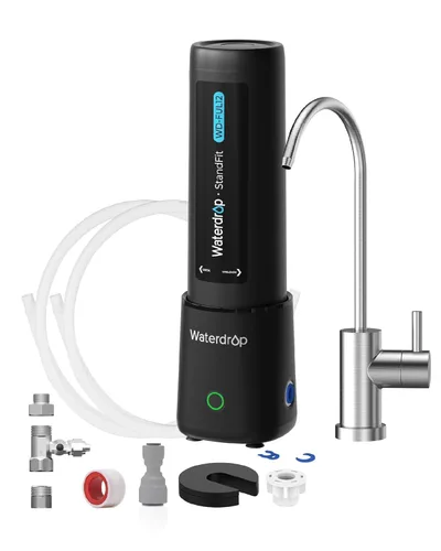 Waterdrop 10UB PRO - Filtro de agua para debajo del fregadero, no requiere perforación, recordatorio de tiempo, con grifo de níquel cepillado, Oscuro