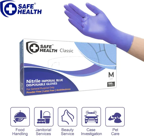 Miniatura 2 de Safe Health Nitrile Disposable Gloves, 3.5 Mil, Imperial Blue, Powder Free, Latex Free, Tattoo, Beauty, Salon, Car