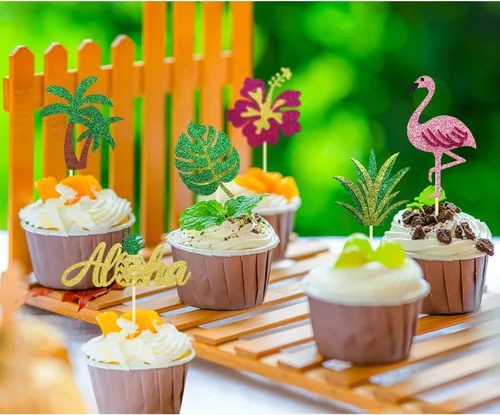Miniatura 4 de 24 adornos tropicales para cupcakes, decoración para tartas de Luau, selecciones de cupcakes Aloha, piña, flamenco, decoración para cupcakes