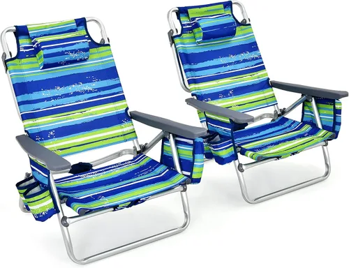Miniatura 30 de Goplus Silla de playa, mochila plegable para adultos, sillas de playa con posiciones ajustables, almohada para la cabeza, bolsa refrigeradora