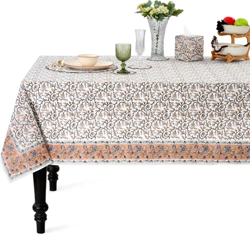 Miniatura 63 de Ridhi - Mantel cuadrado 100% algodón con estampado en bloque, lavable, para Halloween, Acción de Gracias, Navidad, fiestas, bodas, decoración