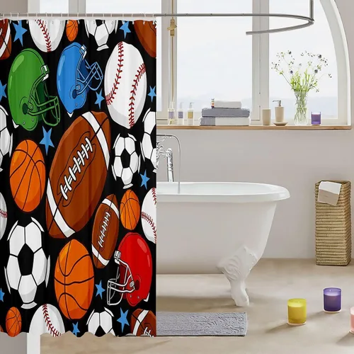 Miniatura 3 de Feelyou Cortina de ducha de fútbol para decoración de baño, básquetbol, deportes, cortina de baño, accesorios de baño, béisbol negro, tela