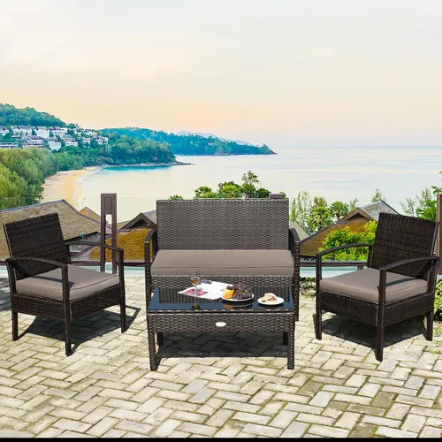 Miniatura 9 de Juego de 4 muebles de patio para exteriores, juego de sofá de mimbre con cojín marrón oscuro resistente al agua y mesa de vidrio templado para patio