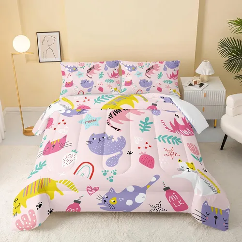 Miniatura 18 de QOOMO - Juego de edredón de tamaño individual con gatos, juego de edredón azul con nubes para niños, adolescentes, niñas y niños, juego de cama de 3