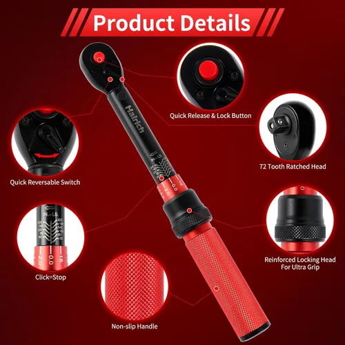 Miniatura 2 de Hairich Llave dinamométrica de 1/4 pulgada, llave dinamométrica de doble dirección pequeña 20-220 pulgadas.libras/2.3-24.9Nm, 72 dientes de alta