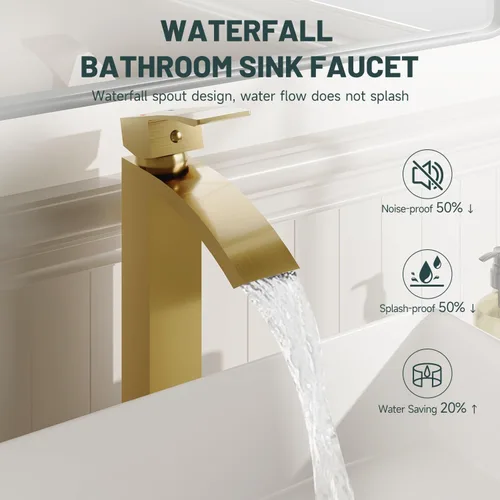 Miniatura 3 de Grifo de lavabo de vaso en oro cepillado, grifos de baño estilo cascada, grifos de baño de una sola manija y un solo agujero de boquilla alta