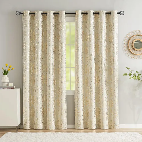 Treatmentex Cortinas Opacas de Oro Marfil con Estampado de Copos de Nieve, Paneles de Cortina para Sala de Estar de 63 Pulgadas con Medallón Floral,