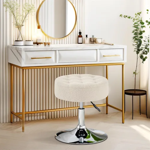 Miniatura 2 de Furnimart Taburete otomano moderno redondo de piel sintética, taburete de maquillaje contemporáneo para dormitorio, sala de estar, entrada