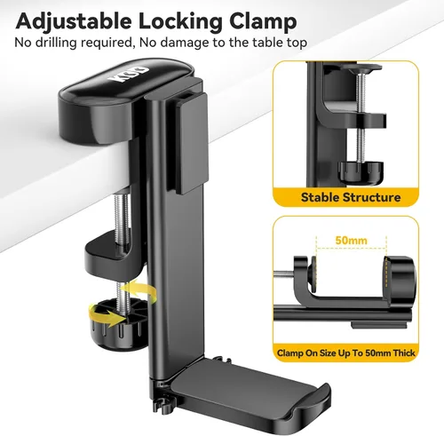 Miniatura 5 de KDD Soporte para tazas de escritorio 4 en 1 - Abrazadera para debajo del escritorio para auriculares - Soporte giratorio para auriculares con Negro