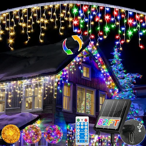 Luces solares de Navidad para exteriores, 82 pies, 660 luces LED multicolor, funciona con energía solar con control remoto, luces solares que