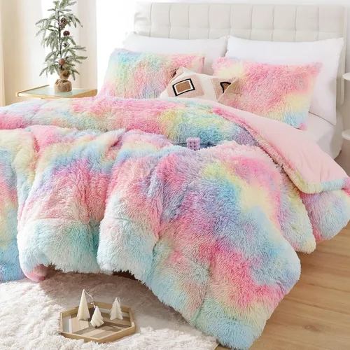 Miniatura 19 de Smoofy Juego de edredón esponjoso de tamaño Full, juego de edredón rosa de piel sintética, juego de ropa de cama mullido de lujo, juego de ropa