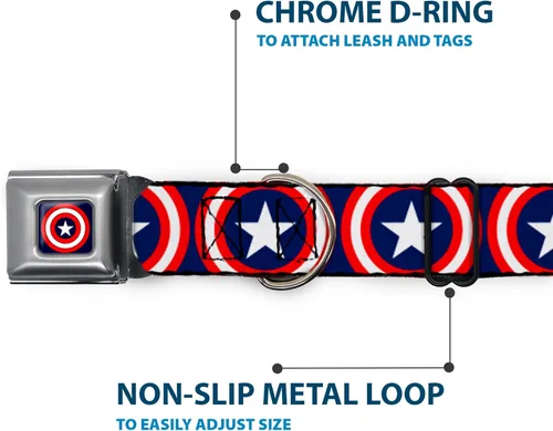 Miniatura 5 de Buckle-Down Collar de perro con hebilla de cinturón de seguridad, escudo Capitán América repetición azul marino, 1 pulgada de ancho, se adapta a