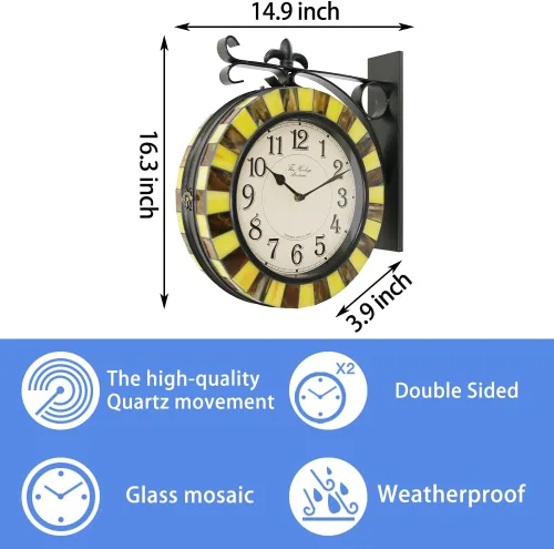 Miniatura 2 de BESTIME 66297 Reloj de pared de doble cara con vidrieras. Esfera: 10 pulgadas, silencioso, fácil de leer, estación retro, relojes colgantes antiguos