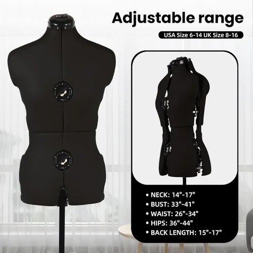 Miniatura 2 de maniquí de vestido negro ajustable para costura, forma de cuerpo femenino, tallas 6-14, con 13 diales y ruedas desmontables, rango de altura
